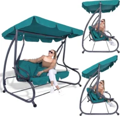 Banc De Balançoire Springos | Venise-Swing | 3 Places | Imperméable à L'eau | Comprend 2 Coussins | Auvent Réglable | 163 X 193 X 120 Cm | Turquoise