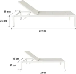 NATERIAL - Transat AQUILA - Transat De Jardin Avec Dossier Réglable - 200x75x36 Cm - Empilable - Avec Roulettes - Fixe En Aluminium - Textilène - Blanc -Jardin Meubles Magasin 1200x1165 4