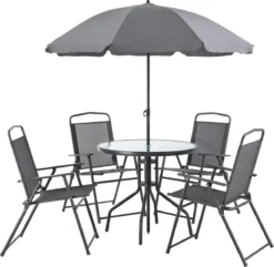 Salon De Jardin De 4 Places Avec Parasol Meubles Extérieurs Solides Résistants Aux Intempéries Protection UV SPF 30 Aluminium PVC Polyester Verre Noir Gris Foncé [en.casa]