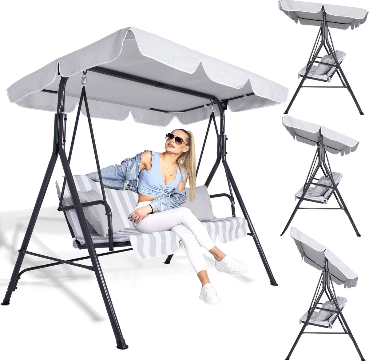 Banc De Balançoire Springos | Luna-Balançoire | 3 Places | Imperméable à L'eau | Comprend 2 Coussins | Auvent Réglable | 170 X 110 X 150 Cm | Rayé Gris Clair 14 Banc De Balançoire Springos | Luna-Balançoire | 3 Places | Imperméable à L'eau | Comprend 2 Coussins | Auvent Réglable | 170 X 110 X 150 Cm | Rayé Gris Clair – Image 14