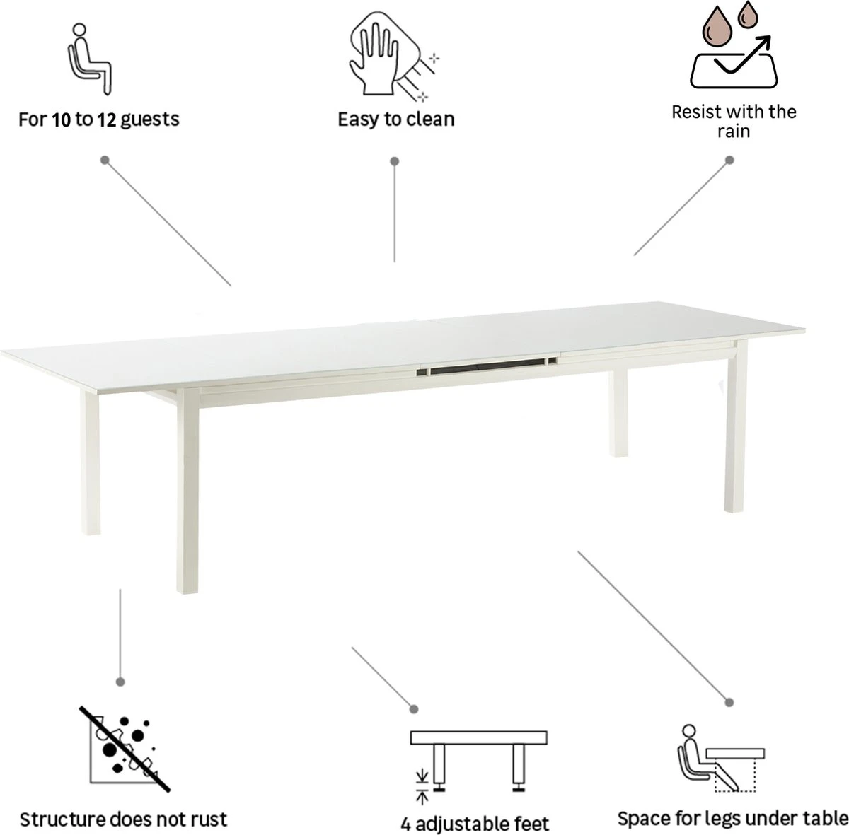 NATERIAL - Table De Jardin Extensible ODYSSEA - Table Extensible Pour 8 à 10 Personnes - 256/320x100cm - Table à Manger - Avec Plateau En Verre - Aluminium - Blanc 4 NATERIAL - Table De Jardin Extensible ODYSSEA - Table Extensible Pour 8 à 10 Personnes - 256/320x100cm - Table à Manger - Avec Plateau En Verre - Aluminium - Blanc – Image 4
