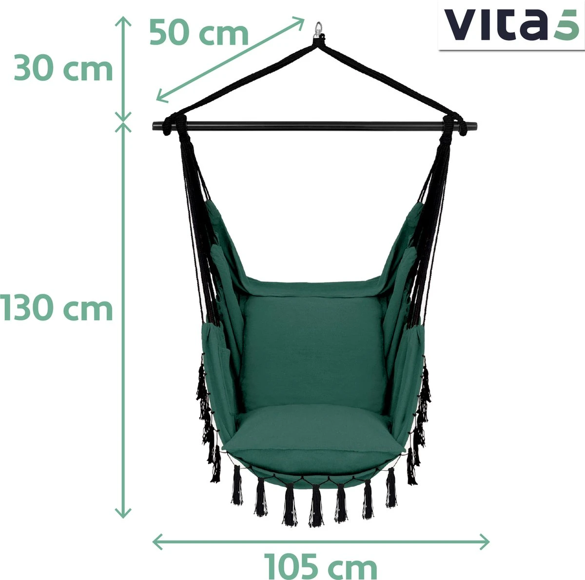 Chaise Suspendue Pour Intérieur Et Extérieur. Avec 2 Coussins, Porte-gobelet Et Bibliothèque - Chaise Suspendue XXL (également Pour Enfants). Chargable Jusqu'à 150 Kg (vert Foncé) 4 Chaise Suspendue Pour Intérieur Et Extérieur. Avec 2 Coussins, Porte-gobelet Et Bibliothèque - Chaise Suspendue XXL (également Pour Enfants). Chargable Jusqu'à 150 Kg (vert Foncé) – Image 4
