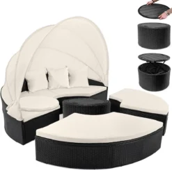 Deuba Polyrattan Solar Island Ø185cm Coussins Zwart Crème Pare-Soleil Pliable WPC -Jardin Meubles Magasin 1200x1189 9
