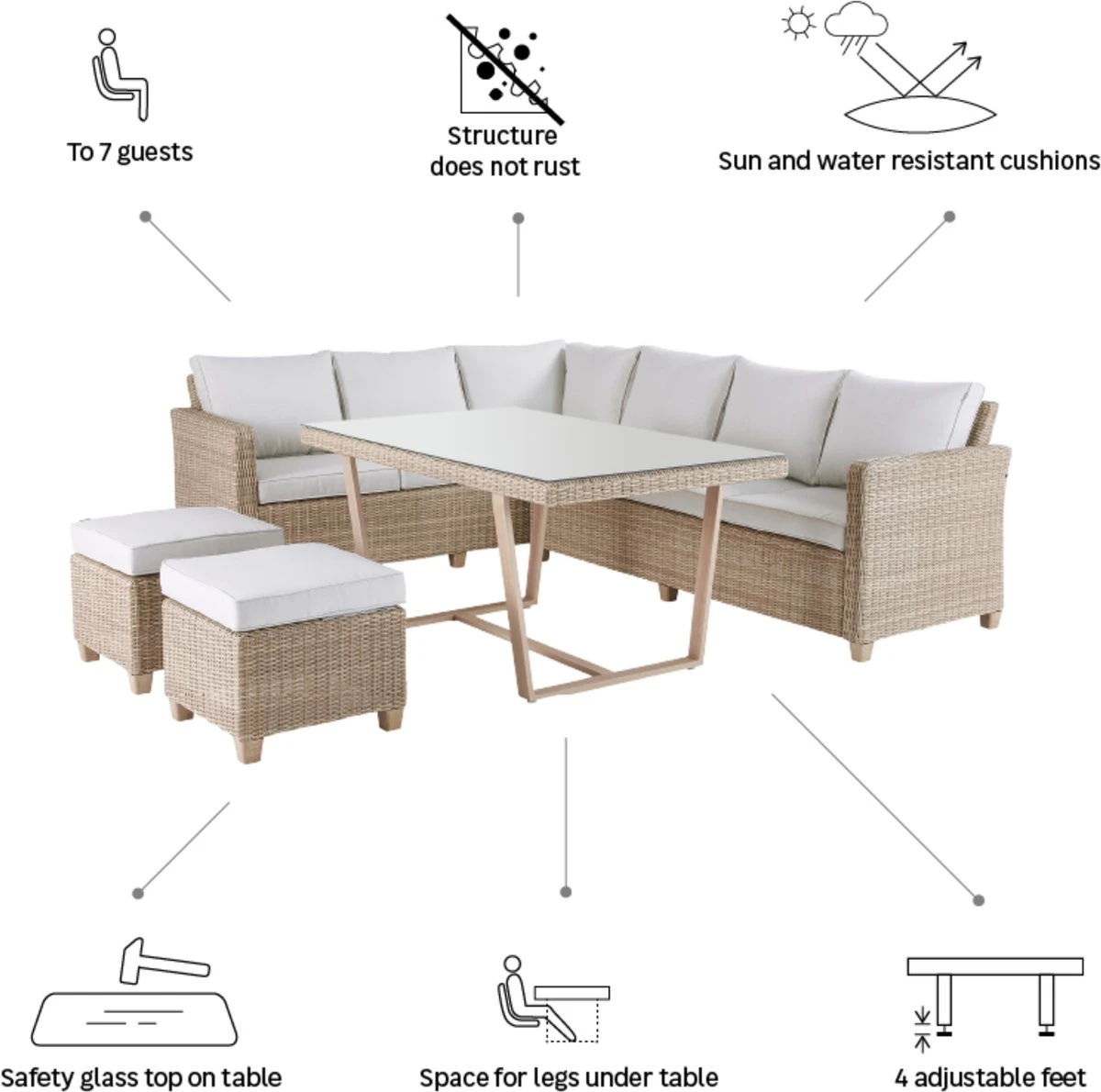 NATERIAL - Salon De Jardin MEDENA - Salon De Jardin 7 Personnes Polyrotin - Canapé D'angle De Jardin - Poufs De Jardin - Table Basse De Jardin - Avec Coussins - Rotin Synthétique - Crème - Salon De Jardin 4 NATERIAL - Salon De Jardin MEDENA - Salon De Jardin 7 Personnes Polyrotin - Canapé D'angle De Jardin - Poufs De Jardin - Table Basse De Jardin - Avec Coussins - Rotin Synthétique - Crème - Salon De Jardin – Image 4
