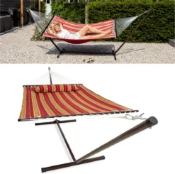 Hamac Avec Support 2 Personnes / 200kg, 190 * 140, Kussen Amovible, Résistant Aux Intempéries Résistant Aux UV (rouge / Jaune) VITA5