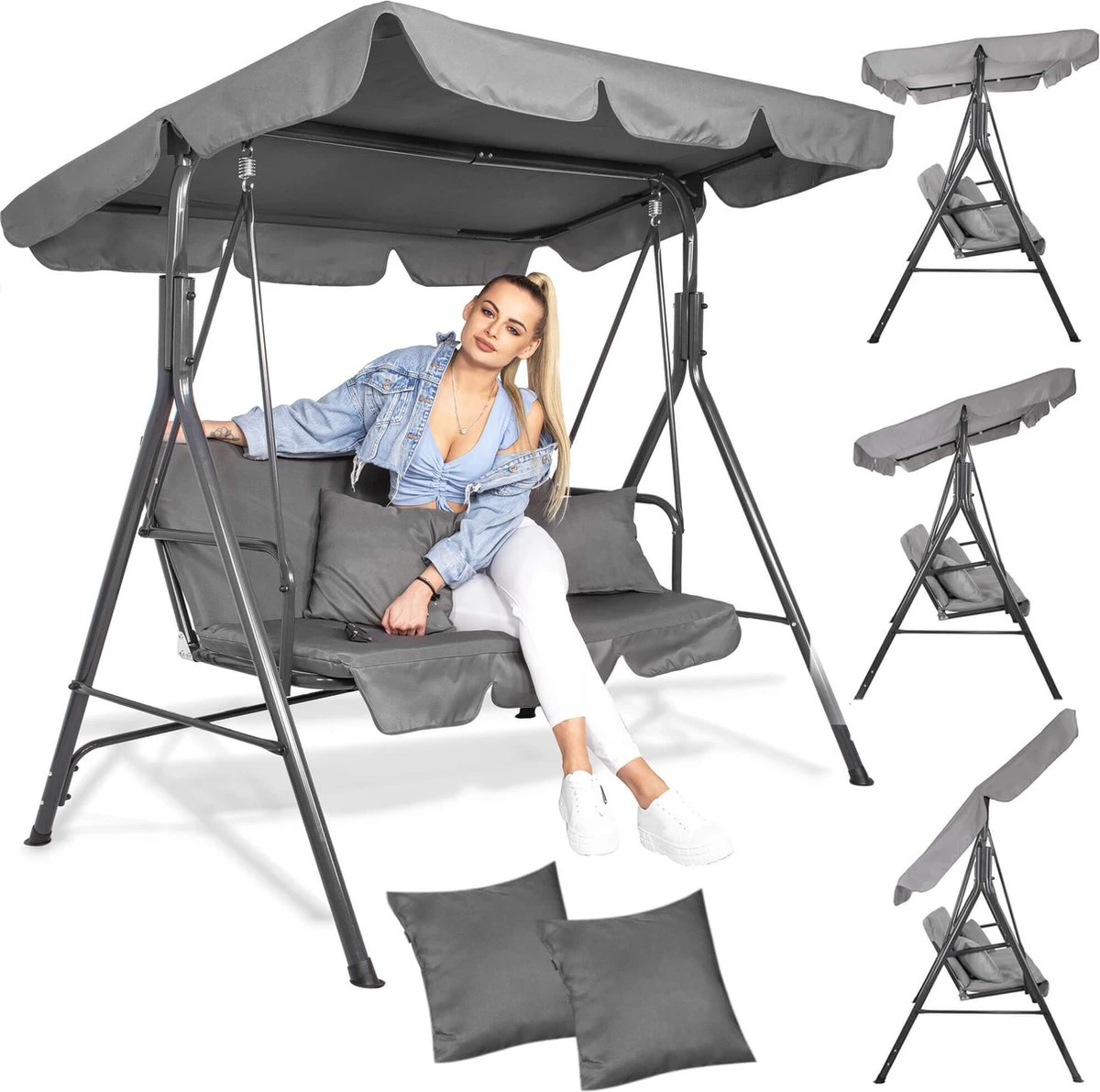 Banc De Balançoire Springos | Luna-Balançoire | 3 Places | Imperméable à L'eau | Comprend 2 Coussins | Auvent Réglable | 170 X 110 X 150 Cm | Gris 6 Banc De Balançoire Springos | Luna-Balançoire | 3 Places | Imperméable à L'eau | Comprend 2 Coussins | Auvent Réglable | 170 X 110 X 150 Cm | Gris – Image 6