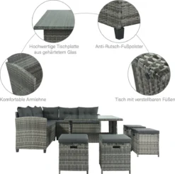 Ensemble De Meubles De Patio-ensemble De Banc De Salle à Manger De Patio 8 Pièces-canapé En Rotin Résistant Aux Intempéries Avec Table à Manger Et Chaise Et 4 Repose-pieds-osier Gris + Coussins Gris -Jardin Meubles Magasin 1200x1194 21