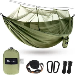 Hamac D'extérieur Avec Moustiquaire, Hamac De Camping Ultra Léger, Capacité De Charge De 300 Kg, Respirant, Séchage Rapide, Nylon Parachute, 275 X 140 Cm, Vert Olive