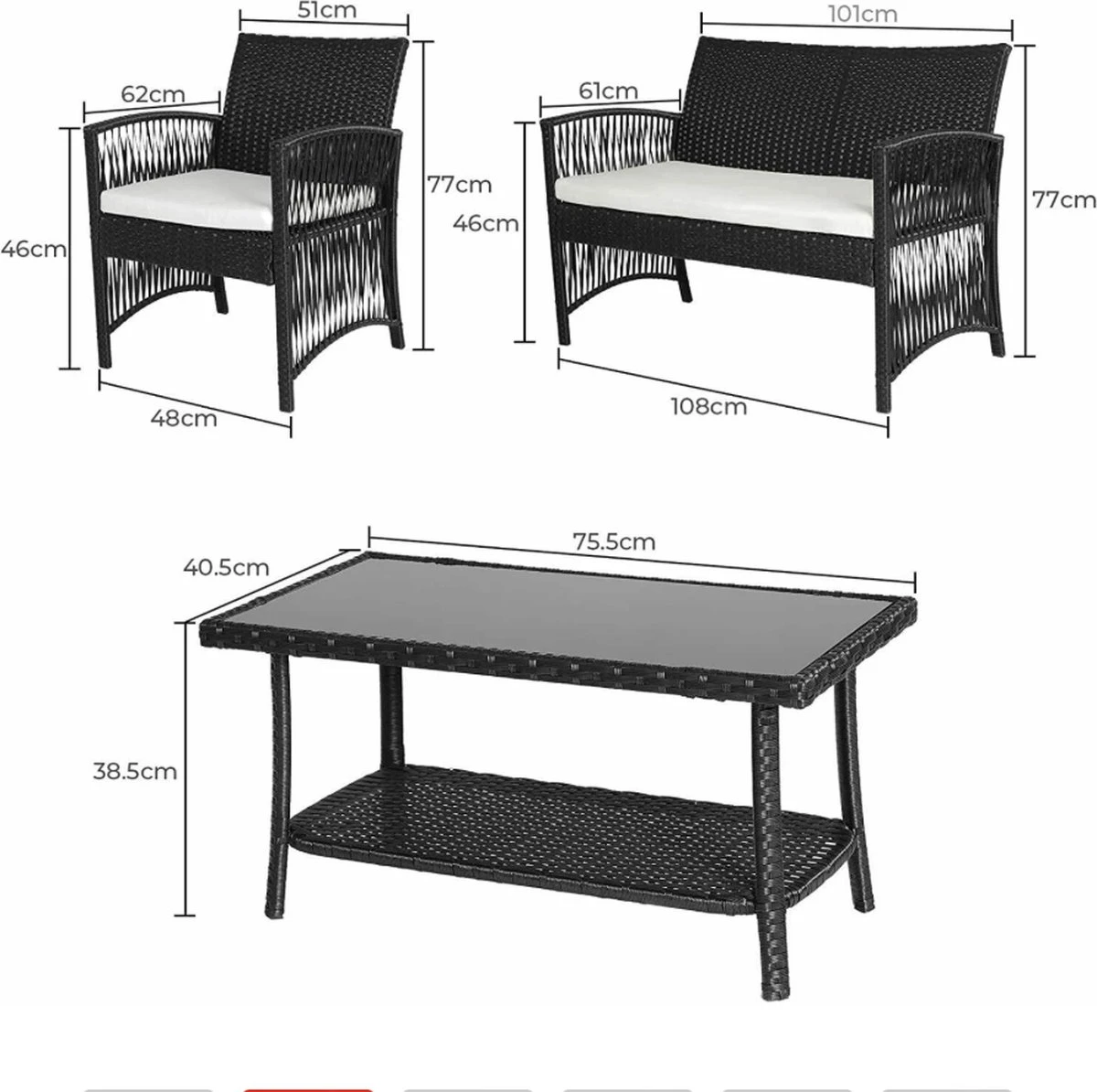 Salon De Jardin En Rotin - 4 Pièces - Salon De Jardin - 1 X 2 Places - 2 X Chaises Simples - 1 X Table Basse 1 X Kussen Long 2 X Coussins Courts 3 Salon De Jardin En Rotin - 4 Pièces - Salon De Jardin - 1 X 2 Places - 2 X Chaises Simples - 1 X Table Basse 1 X Kussen Long 2 X Coussins Courts – Image 3