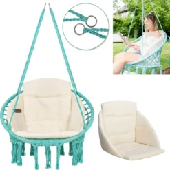 Chaise Suspendue Pour Intérieur Et Extérieur. Avec Oreiller, Porte-gobelet, Compartiment Livre Et Housse De Protection Chaise Suspendue Macramé Basket Pour Adultes Et Enfants. Peut Supporter Jusqu'à 125 Kg. VITA5 (turquoise)