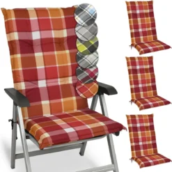 Beautissu Sunny RO – Coussins De Jardin Dossier Haut 120x50 Cm Avec Résistance à La Lumière UV Coussin D'assise Pour Chaise De Jardin Confortable Rouge à Carreaux