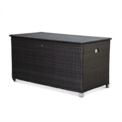 Coffre De Jardin Cassapanca Chocolat En Résine Tressée 170x82cm, Malle De Rangement