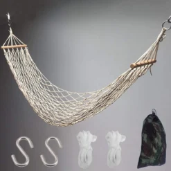 Hamac En Filet En Corde De Coton Pour Intérieur Et Plein Air , Balançoire Simple Avec Bâton En Bois Avec 2 Crochet En S Et 2 Cordes De Traction Pour Jardin, Terrasse, Plage, Wit