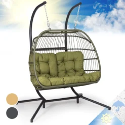Blumfeldt Biarritz Chaise Suspendue Double Pour L'intérieur Et L'extérieur - Coussins Inclus - Chaise De Jardin Pour Deux Personnes - Support Inclus - Pliable - Aluminium Et Polyester - Vert Foncé