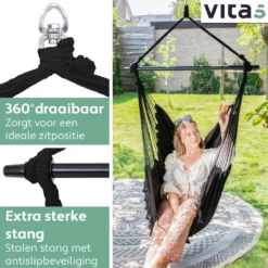 Chaise Suspendue Vita5 Egg - Intérieur Et Extérieur - Chaise Cocoon - Avec Support - Jusqu'à 150 Kg - Pliable - Incl. Coussin & Housse De Protection – Zwart -Jardin Meubles Magasin 1200x1200 1060