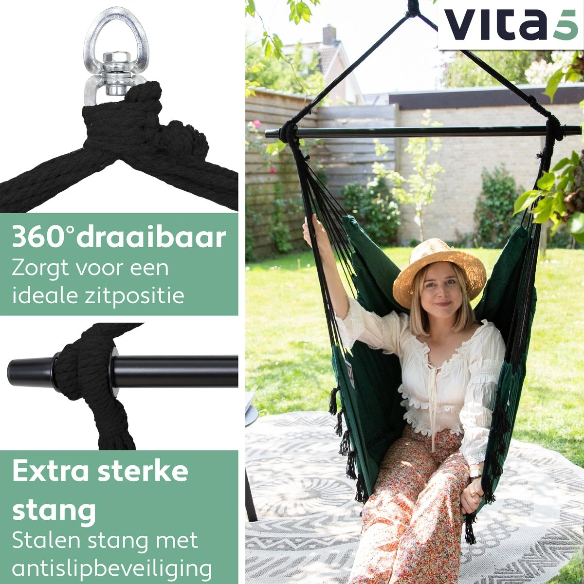 Chaise Suspendue Pour Intérieur Et Extérieur. Avec 2 Coussins, Porte-gobelet Et Bibliothèque - Chaise Suspendue XXL (également Pour Enfants). Chargable Jusqu'à 150 Kg (vert Foncé) 3 Chaise Suspendue Pour Intérieur Et Extérieur. Avec 2 Coussins, Porte-gobelet Et Bibliothèque - Chaise Suspendue XXL (également Pour Enfants). Chargable Jusqu'à 150 Kg (vert Foncé) – Image 3