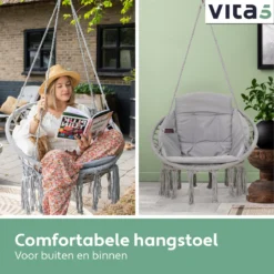 Chaise Suspendue Pour Intérieur Et Extérieur. Avec Oreiller, Porte-gobelet, Compartiment Livre Et Housse De Protection Chaise Suspendue Macramé Basket Pour Adultes Et Enfants. Peut Supporter Jusqu'à 125 Kg. VITA5 (Grijs) -Jardin Meubles Magasin 1200x1200 1098