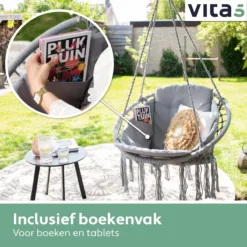 Chaise Suspendue Pour Intérieur Et Extérieur. Avec Oreiller, Porte-gobelet, Compartiment Livre Et Housse De Protection Chaise Suspendue Macramé Basket Pour Adultes Et Enfants. Peut Supporter Jusqu'à 125 Kg. VITA5 (Grijs) -Jardin Meubles Magasin 1200x1200 1100