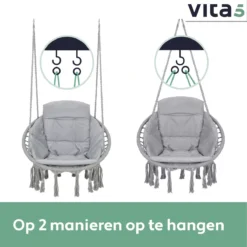 Chaise Suspendue Pour Intérieur Et Extérieur. Avec Oreiller, Porte-gobelet, Compartiment Livre Et Housse De Protection Chaise Suspendue Macramé Basket Pour Adultes Et Enfants. Peut Supporter Jusqu'à 125 Kg. VITA5 (Grijs) -Jardin Meubles Magasin 1200x1200 1101