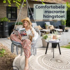 Chaise Suspendue Pour Intérieur Et Extérieur. Avec Oreiller, Porte-gobelet, Compartiment Livre Et Housse De Protection Chaise Suspendue Macramé Basket Pour Adultes Et Enfants. Peut Supporter Jusqu'à 125 Kg. VITA5 (Grijs) -Jardin Meubles Magasin 1200x1200 1105