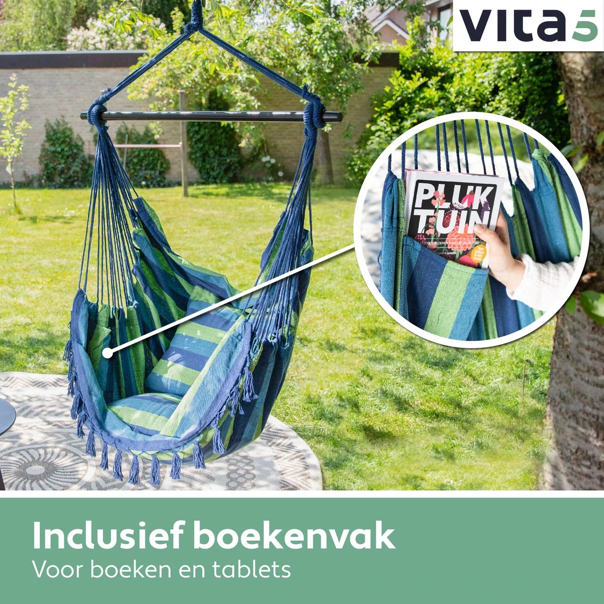 Chaise Suspendue Pour Intérieur Et Extérieur. Avec 2 Coussins, Porte-gobelet Et Bibliothèque - Chaise Suspendue XXL (également Pour Enfants). Chargable Jusqu'à 150 Kg (Blauw/ Vert) 6 Chaise Suspendue Pour Intérieur Et Extérieur. Avec 2 Coussins, Porte-gobelet Et Bibliothèque - Chaise Suspendue XXL (également Pour Enfants). Chargable Jusqu'à 150 Kg (Blauw/ Vert) – Image 6