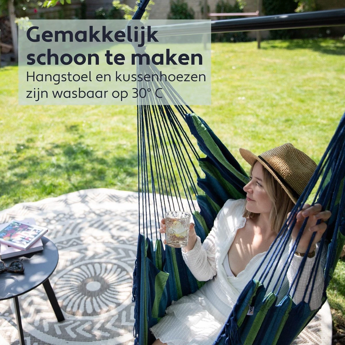 Chaise Suspendue Pour Intérieur Et Extérieur. Avec 2 Coussins, Porte-gobelet Et Bibliothèque - Chaise Suspendue XXL (également Pour Enfants). Chargable Jusqu'à 150 Kg (Blauw/ Vert) 14 Chaise Suspendue Pour Intérieur Et Extérieur. Avec 2 Coussins, Porte-gobelet Et Bibliothèque - Chaise Suspendue XXL (également Pour Enfants). Chargable Jusqu'à 150 Kg (Blauw/ Vert) – Image 14