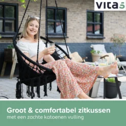 Chaise Suspendue Pour Intérieur Et Extérieur. Avec Oreiller, Porte-gobelet, Compartiment Livre Et Housse De Protection Chaise Suspendue Macramé Basket Pour Adultes Et Enfants. Peut Supporter Jusqu'à 125 Kg. VITA5 (Zwart) -Jardin Meubles Magasin 1200x1200 1139