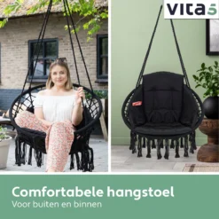 Chaise Suspendue Pour Intérieur Et Extérieur. Avec Oreiller, Porte-gobelet, Compartiment Livre Et Housse De Protection Chaise Suspendue Macramé Basket Pour Adultes Et Enfants. Peut Supporter Jusqu'à 125 Kg. VITA5 (Zwart) -Jardin Meubles Magasin 1200x1200 1140