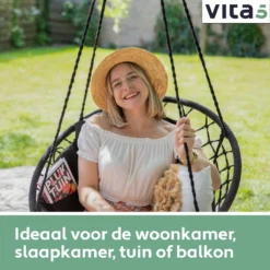 Chaise Suspendue Pour Intérieur Et Extérieur. Avec Oreiller, Porte-gobelet, Compartiment Livre Et Housse De Protection Chaise Suspendue Macramé Basket Pour Adultes Et Enfants. Peut Supporter Jusqu'à 125 Kg. VITA5 (Zwart) -Jardin Meubles Magasin 1200x1200 1141