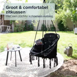 Chaise Suspendue Pour Intérieur Et Extérieur. Avec Oreiller, Porte-gobelet, Compartiment Livre Et Housse De Protection Chaise Suspendue Macramé Basket Pour Adultes Et Enfants. Peut Supporter Jusqu'à 125 Kg. VITA5 (Zwart) -Jardin Meubles Magasin 1200x1200 1145