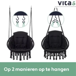 Chaise Suspendue Pour Intérieur Et Extérieur. Avec Oreiller, Porte-gobelet, Compartiment Livre Et Housse De Protection Chaise Suspendue Macramé Basket Pour Adultes Et Enfants. Peut Supporter Jusqu'à 125 Kg. VITA5 (Zwart) -Jardin Meubles Magasin 1200x1200 1146