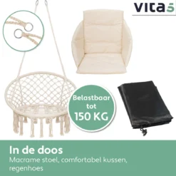 Chaise Suspendue Pour Intérieur Et Extérieur. Avec Oreiller, Porte-gobelet, Compartiment Livre Et Housse De Protection Chaise Suspendue Macramé Basket Pour Adultes Et Enfants. Peut Supporter Jusqu'à 125 Kg. VITA5 (beige) -Jardin Meubles Magasin 1200x1200 1155