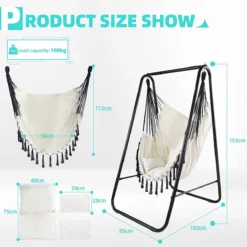 CCLIFE Chaise Hamac Suspendue Avec Cadre Et 3 Coussins Chaise Suspendue Suspendue Jusqu'à 100 Kg Chaise Suspendue De Jardin Intérieur Et Extérieur Beige 85x103x153cm -Jardin Meubles Magasin 1200x1200 1172