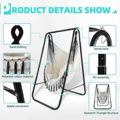 CCLIFE Chaise Hamac Suspendue Avec Cadre Et 3 Coussins Chaise Suspendue Suspendue Jusqu'à 100 Kg Chaise Suspendue De Jardin Intérieur Et Extérieur Beige 85x103x153cm -Jardin Meubles Magasin 1200x1200 1176