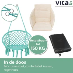 Chaise Suspendue Pour Intérieur Et Extérieur. Avec Oreiller, Porte-gobelet, Compartiment Livre Et Housse De Protection Chaise Suspendue Macramé Basket Pour Adultes Et Enfants. Peut Supporter Jusqu'à 125 Kg. VITA5 (turquoise) -Jardin Meubles Magasin 1200x1200 1241