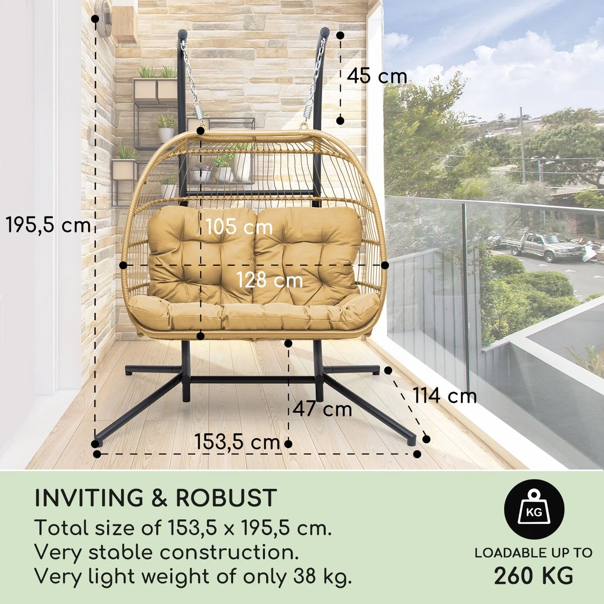 Blumfeldt Biarritz Chaise Suspendue Double Pour Intérieur Et Extérieur - Coussins Inclus - Chaise De Jardin Pour Deux Personnes - Support Inclus - Pliable - Aluminium Et Polyester - Beige 6 Blumfeldt Biarritz Chaise Suspendue Double Pour Intérieur Et Extérieur - Coussins Inclus - Chaise De Jardin Pour Deux Personnes - Support Inclus - Pliable - Aluminium Et Polyester - Beige – Image 6