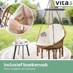 Chaise Suspendue Pour Intérieur Et Extérieur. Avec Oreiller, Porte-gobelet, Compartiment Livre Et Housse De Protection Chaise Suspendue Macramé Basket Pour Adultes Et Enfants. Peut Supporter Jusqu'à 125 Kg. VITA5 (panier Marron / Coussin Beige) -Jardin Meubles Magasin 1200x1200 1257