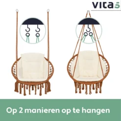 Chaise Suspendue Pour Intérieur Et Extérieur. Avec Oreiller, Porte-gobelet, Compartiment Livre Et Housse De Protection Chaise Suspendue Macramé Basket Pour Adultes Et Enfants. Peut Supporter Jusqu'à 125 Kg. VITA5 (panier Marron / Coussin Beige) -Jardin Meubles Magasin 1200x1200 1258