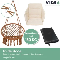 Chaise Suspendue Pour Intérieur Et Extérieur. Avec Oreiller, Porte-gobelet, Compartiment Livre Et Housse De Protection Chaise Suspendue Macramé Basket Pour Adultes Et Enfants. Peut Supporter Jusqu'à 125 Kg. VITA5 (panier Marron / Coussin Beige) -Jardin Meubles Magasin 1200x1200 1259