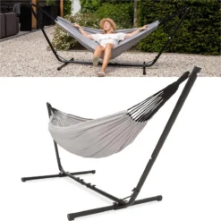 Hamac Avec Support 2 Personnes / 205 Kg - Longueur Du Cadre Réglable 290-330 Cm - Tapis De Surface 241 * 160 Cm - Avec Sac De Transport (Grijs)