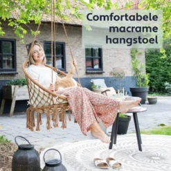 Chaise Suspendue Pour Intérieur Et Extérieur. Avec Oreiller, Porte-gobelet, Compartiment Livre Et Housse De Protection Chaise Suspendue Macramé Basket Pour Adultes Et Enfants. Peut Supporter Jusqu'à 125 Kg. VITA5 (panier Marron / Coussin Beige) -Jardin Meubles Magasin 1200x1200 1261