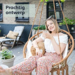 Chaise Suspendue Pour Intérieur Et Extérieur. Avec Oreiller, Porte-gobelet, Compartiment Livre Et Housse De Protection Chaise Suspendue Macramé Basket Pour Adultes Et Enfants. Peut Supporter Jusqu'à 125 Kg. VITA5 (panier Marron / Coussin Beige) -Jardin Meubles Magasin 1200x1200 1263