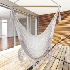 Fauteuil Suspendu Intirilife En Coton Macramé Beige Avec Franges - Assise Confortable, Peu Encombrante Et Respirante Pour Adultes Et Enfants à L'intérieur Et à L'extérieur -Jardin Meubles Magasin 1200x1200 1273