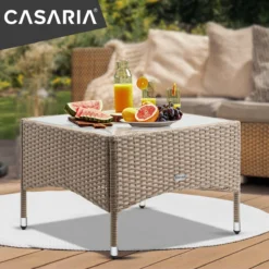 Table De Jardin En Polyrotin Casaria Plateau De Table En Verres 58x58x45 Cm Table D'appoint Beige Grijs -Jardin Meubles Magasin 1200x1200 1445