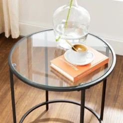 Songmics VASAGLE Table D'appoint Ronde, Table Basse, Table En Verre Avec Structure En Métal, Verre Trempé, Table De Chevet, Table De Canapé, Pour Balcon, Noir LGT020B01 -Jardin Meubles Magasin 1200x1200 1481