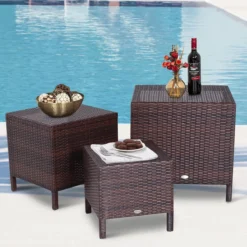 Table D'appoint De Jardin En Polyrattan Lot De 3 - Set De Table De Jardin - Table De Jardin - Table De Balcon - Set De 3 - Polyrattan - Marron