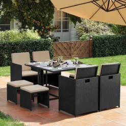 Salon De Jardin - Salon De Jardin 4 6 8 Personnes - Mobilier De Jardin - Table à Manger Et Chaises - Set De 9 - Terrasse - Table De Jardin - Table Basse Avec Surface En Verres - Zwart Beige