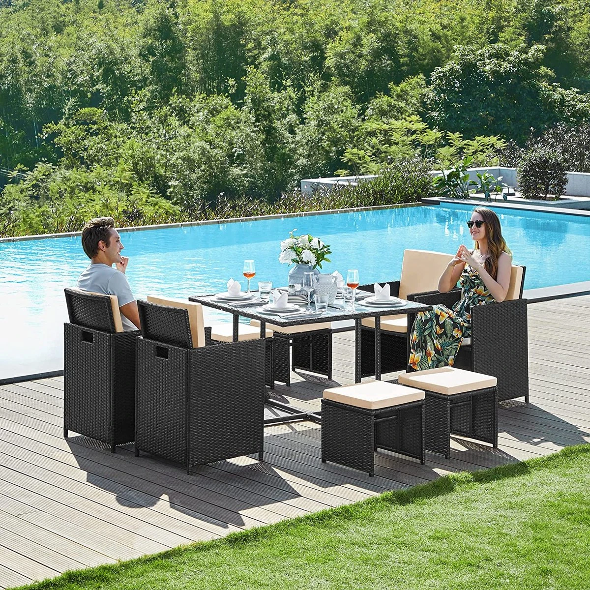 Salon De Jardin - Salon De Jardin 4 6 8 Personnes - Mobilier De Jardin - Table à Manger Et Chaises - Set De 9 - Terrasse - Table De Jardin - Table Basse Avec Surface En Verres - Zwart Beige 7 Salon De Jardin - Salon De Jardin 4 6 8 Personnes - Mobilier De Jardin - Table à Manger Et Chaises - Set De 9 - Terrasse - Table De Jardin - Table Basse Avec Surface En Verres - Zwart Beige – Image 7