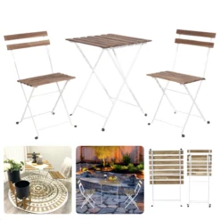 Cheqo® Set De Bistro 3 Pièces - Salon De Jardin - Salon De Balcon - Chaises Avec Table - Table De Jardin - Chaise De Jardin - Bois & Métal - Wit - 70x70x75cm