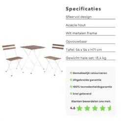 Cheqo® Set De Bistro 3 Pièces - Salon De Jardin - Salon De Balcon - Chaises Avec Table - Table De Jardin - Chaise De Jardin - Bois & Métal - Wit - 70x70x75cm 7 Cheqo® Set De Bistro 3 Pièces - Salon De Jardin - Salon De Balcon - Chaises Avec Table - Table De Jardin - Chaise De Jardin - Bois & Métal - Wit - 70x70x75cm -Jardin Meubles Magasin 1200x1200 1656